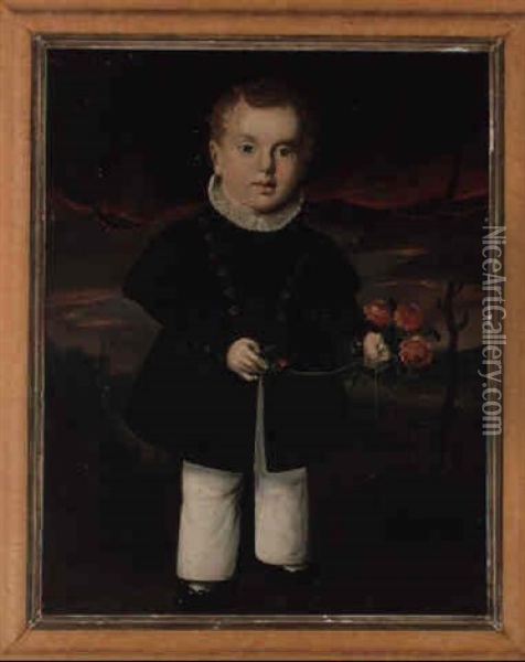 A Portrait Of A Young Boy Holding A Cluster Of Red Flowers Oil Painting - William Matthew Prior