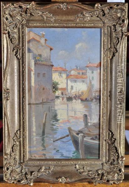 Martiques Harbour, 
South Of France Oil Painting - Arthur Henry Howard Heming