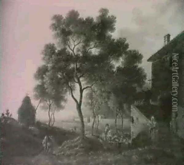 Figures Outside A Farmhouse And Travellers On A Path In A   Landscape Oil Painting - Paolo Monaldi