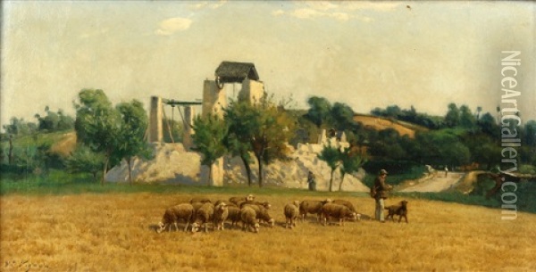 A Shepherd With His Flock In A Summer Landscape Oil Painting - Victor Alfred Paul Vignon