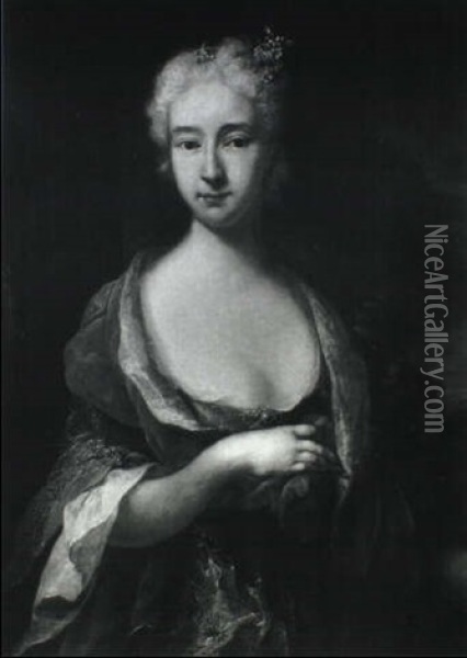 Portrait Of A Lady In A Blue Dress, Half-length Oil Painting - Antoine Pesne
