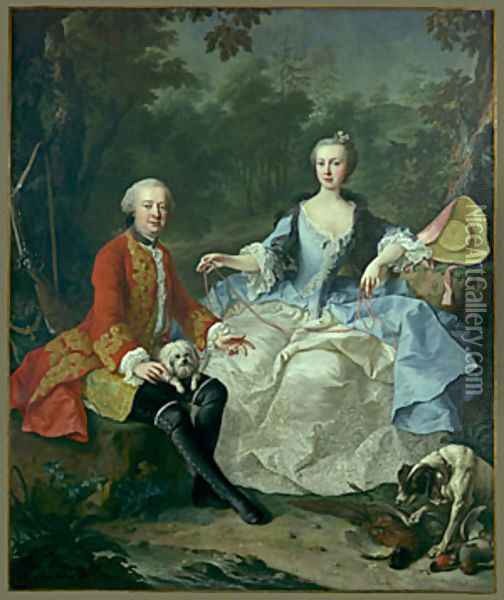 Count Giacomo Durazzo in the Guise of a Huntsman with His Wife probably early 1760s Oil Painting - Martin II Mytens or Meytens