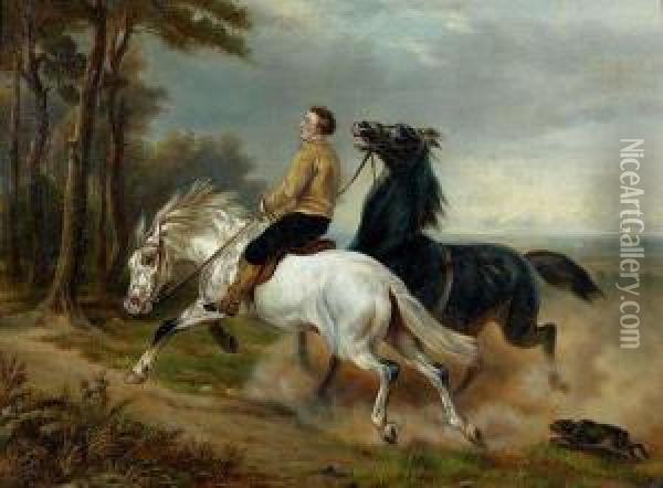 Cavalier Menant Deux Chevaux Oil Painting - H. Mourgues