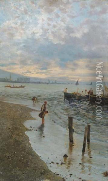 I Pescatori: Fisherfolk On The Beach Oil Painting - Attilio Pratella
