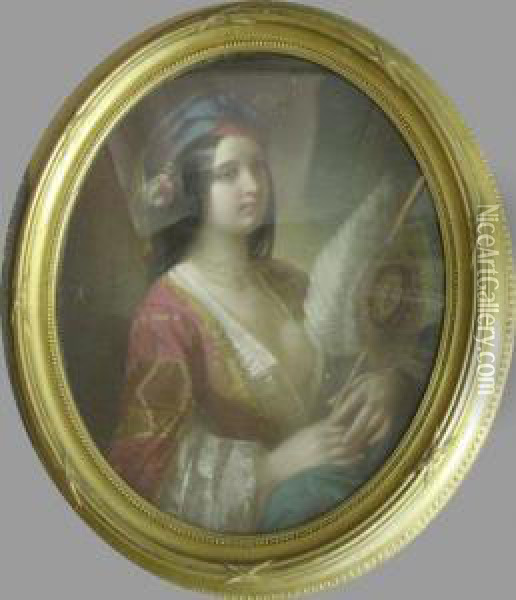 Portrait Of An Elegant Woman In Exotic Dress Holding A Fan Oil Painting - Constant Joseph Brochart