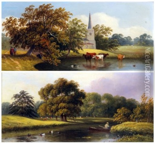 East Anglian River Landscapes (pair) Oil Painting - Samuel David Colkett