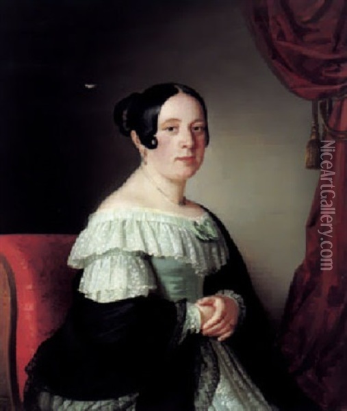 Portrait Einer Dame Vor Rotem Vorhang Oil Painting - Anton Einsle