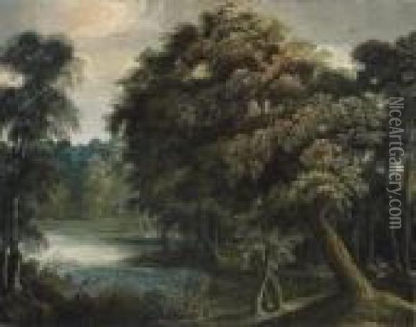 An Extensive Wooded River Landscape With A Hunter In The Foreground Oil Painting - Jaques D'Arthois