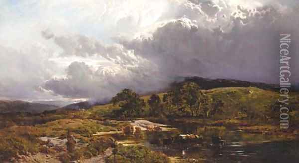 Figures resting by a river with cattle watering, an approaching storm beyond Oil Painting - Sidney Richard Percy