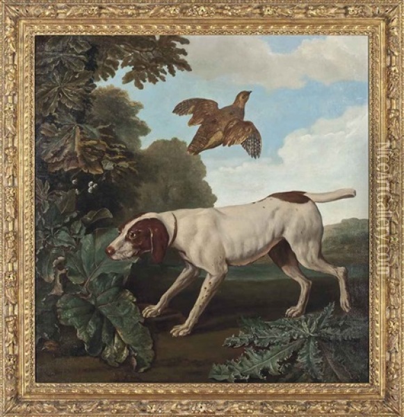 A Pointer In A Landscape, With A Partridge Flying Oil Painting - Jean-Baptiste Oudry