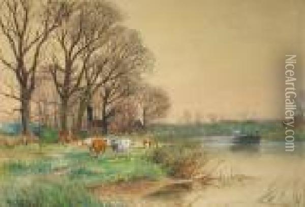 A Pastoral Landscape With A 
Farmer And His Cattle On A Lane; A River Landscape With Figures In A 
Boat And Cattle Grazing In The Foreground (2) Oil Painting - Henry Charles Fox