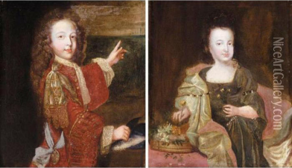 Portrait Of James Francis Edward
 Stuart, The Old Pretender (1688-1766); Portrait Of Louisa Mary Stuart, 
His Sister (1692-1712) Oil Painting - Nicolas de Largillierre