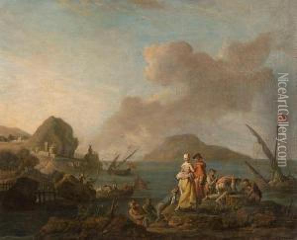 Harbour Scene With Boats And Figures Oil Painting - Pierre-Jacques Volaire