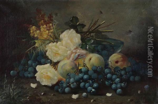 Stilleven Met Druiven, Appelen En Witte Rozen Oil Painting - Max Carlier