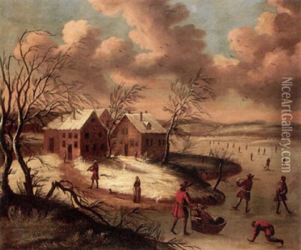 A Winter Landscape With Figures Skating On A Frozen River Before A Hamlet Oil Painting - Jan Griffier the Elder