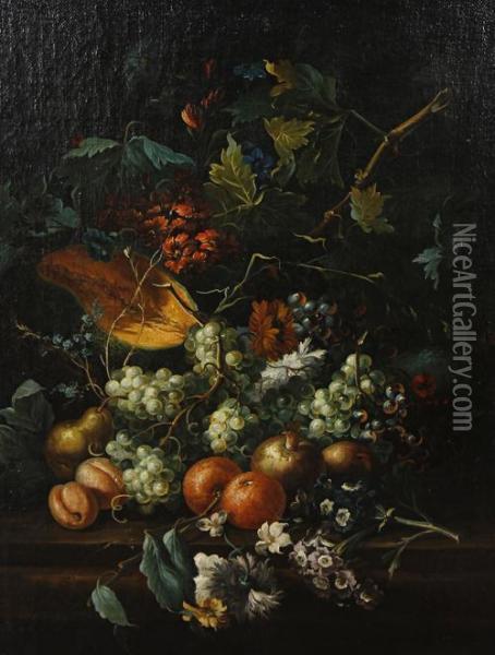 Still Life Of Grapes, A Pumpkin, Pomegranates, Primroses And Other Flowers On A Table Ledge Oil Painting - Ernst Stuven