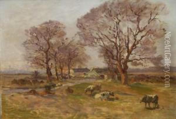 Weite Landschaft Mit Kuhen Vor Einem Bauernhof Oil Painting - Jean Baptiste Antoine Guillemet