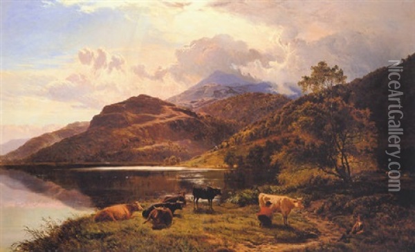 Cattle Watering Near Barmouth, North Wales Oil Painting - Sidney Richard Percy