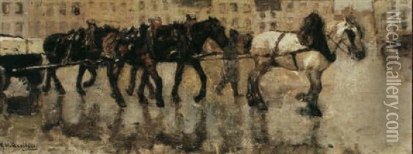 View In A Belgian Town With Workhorses Drawing A Cart Oil Painting - George Hendrik Breitner