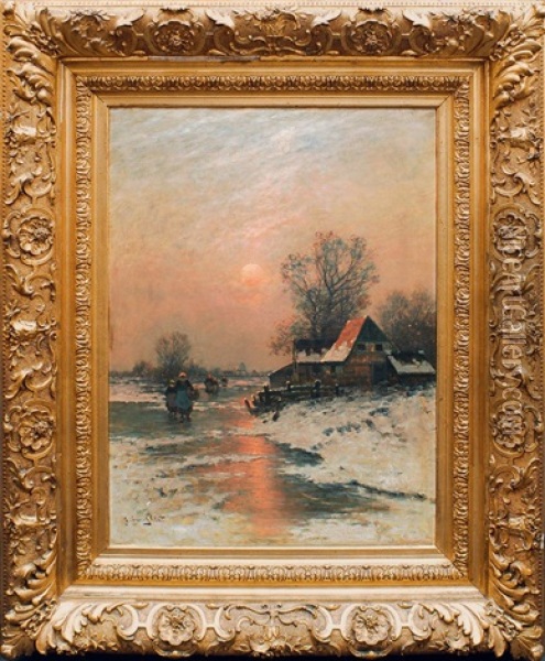 Winterlandschaft Mit Vereistem Flus Im Abendlicht Oil Painting - Johann Jungblut