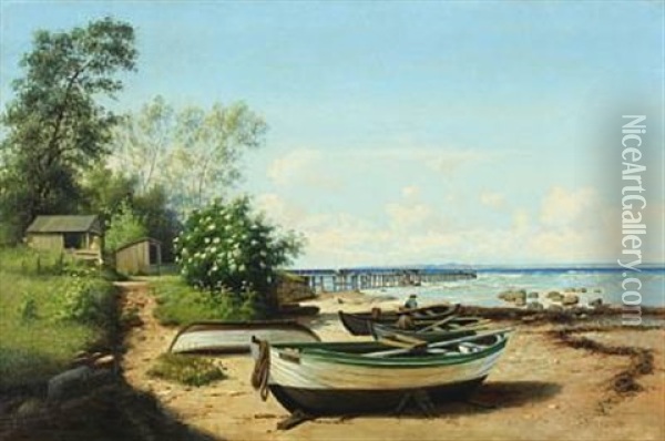 Summer Day With Row Boats On The Beach Oil Painting - Fritz Staehr-Olsen