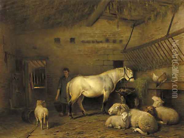 A groom tending a horse in a barn Oil Painting - Frans Lebret