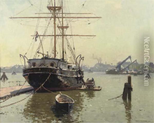 The Brig Pollux Moored At The Oosterdok, Amsterdam Oil Painting - Cornelis Vreedenburgh