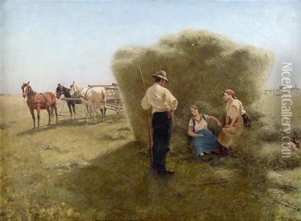 Bei Der Heuernte. Im Schatten Eines Grosen Ballens Ruhen Sich Zwei Bauerinnen Aus Oil Painting - Laszlo Pataky