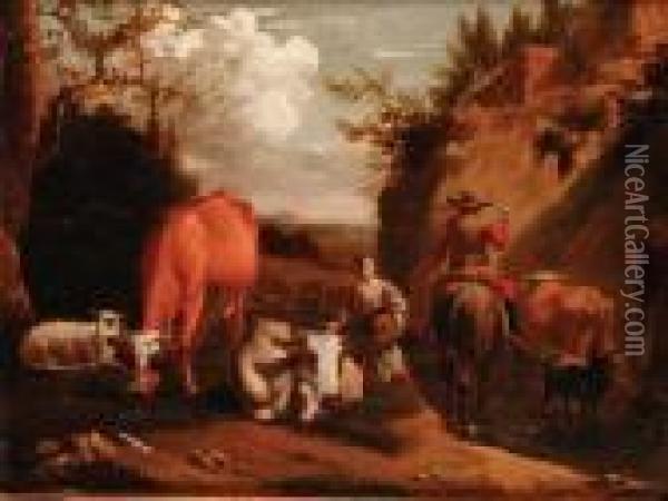 Paesaggio Con Pastori Ed Armenti Oil Painting - Nicolaes Berchem