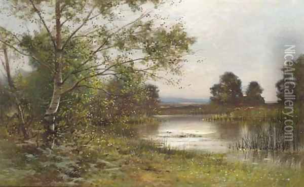 Cattle watering in a sunlit lake Oil Painting - Ernest Parton