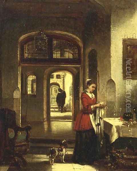 A girl laying the table Oil Painting - Johannes Anthonie Balthasar Stroebel