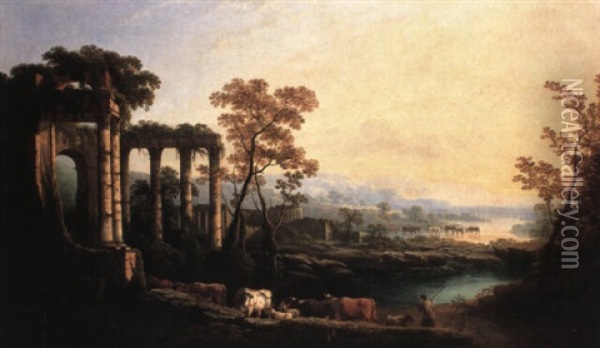 Italianate River Landscape With Classical Ruins, Figures And A Town Oil Painting - George Lambert