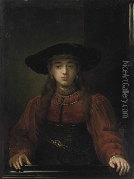 Portrait Of A Young Girl In A Red Dress With Fur Trim, A Buckled Corset And Fur Hat Oil Painting -  Rembrandt van Rijn
