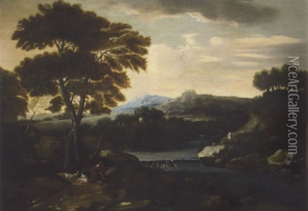 Classical Landscape With A Shepherd Minding His Flock Beside A River, With A Villa Beyond Oil Painting - Gaspard Dughet