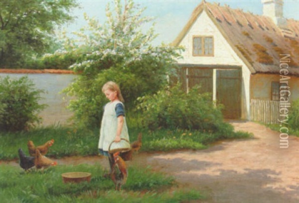 En Lille Pige, Der Fodrer Hons Oil Painting - Alfred (Valdemar) Larsen