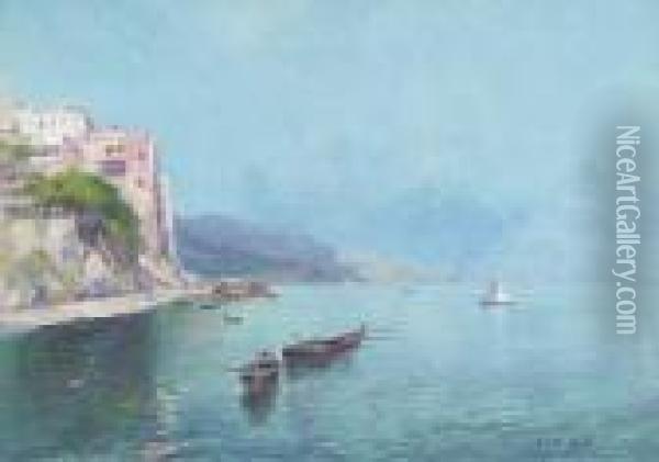 Fishing Vessels In A Neapolitan Bay Oil Painting - Oscar Ricciardi