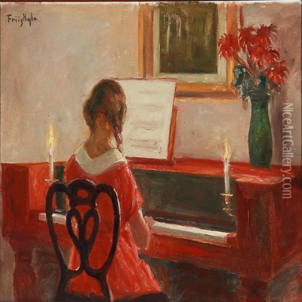 Interior With A Girl Playing The Piano Oil Painting - Poul Friis Nybo