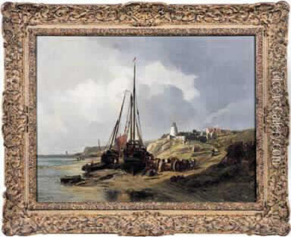 Bateaux Echoues Sur La Greve En Vue D'un Village Oil Painting - Jules Achille-Noel