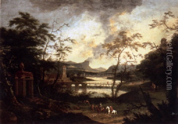 An Extensive River Landscape With A Hunting Party On A Track Oil Painting - Dirk Maes
