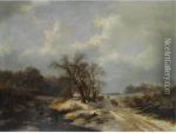 Figures On A Country Road Beside A Frozen River In A Winter Landscape Oil Painting - Frederik Marianus Kruseman