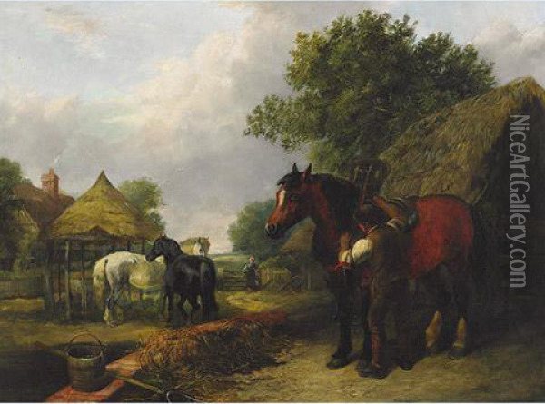 Farmer Harnessing A Draft Horse In Farmyard Oil Painting - John Frederick Herring Snr