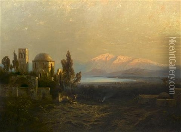 View Of The Plain Of Paphos With Mount Olympia In The Background Oil Painting - Johann Andreas Herrenburg