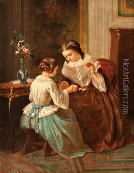 Two Wool Winding Girls Oil Painting - Jean-Baptiste Jules Trayer