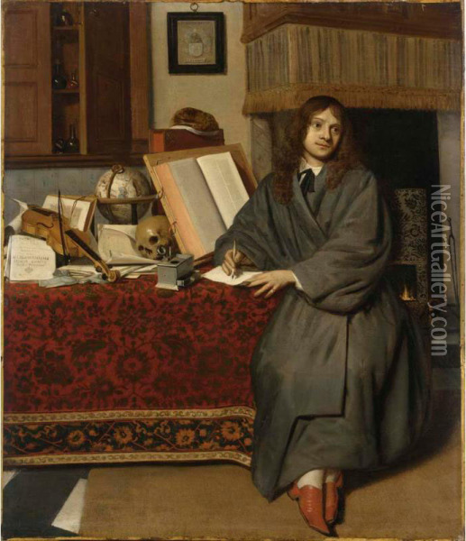 A Portrait Of The Pharmacist Dr Ysbrand Ysbrandsz. (1634/35-1705) In An Interior, Writing At A Desk Draped With A Persian Carpet Laid With An Astrological Globe, A Skull, A Violin, Papers And Books, A Fireplace In The Background Oil Painting - Cornelis De Man