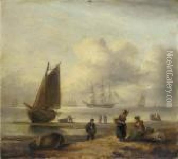 Fisherfolk On The Devonshire Coast With Warships Beyond Oil Painting - Thomas Luny