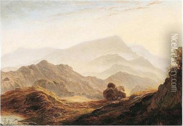 View From Loughrigg Of Wetherlam And Coniston Mountains, Ambleside Oil Painting - Anthony Vandyke Copley Fielding