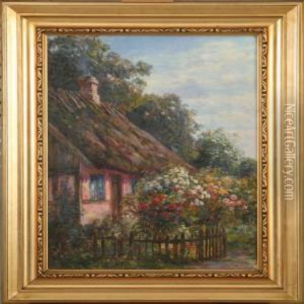 Cottage In A Floweringgarden Oil Painting - Carl Christian E. Carlsen