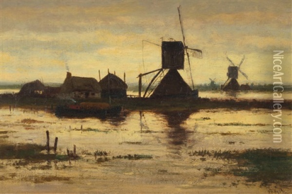 Windmills At Dusk Oil Painting - William Frederick Hulk