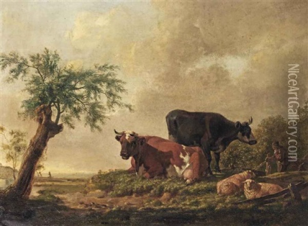 A Pastoral Landscape With A Farmer And His Cattle Resting Oil Painting - Barend Hendrik Thier