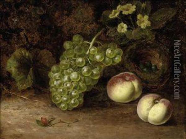Grapes And Peaches With A Bird's Nest On A Mossy Bank Oil Painting - William Duffield